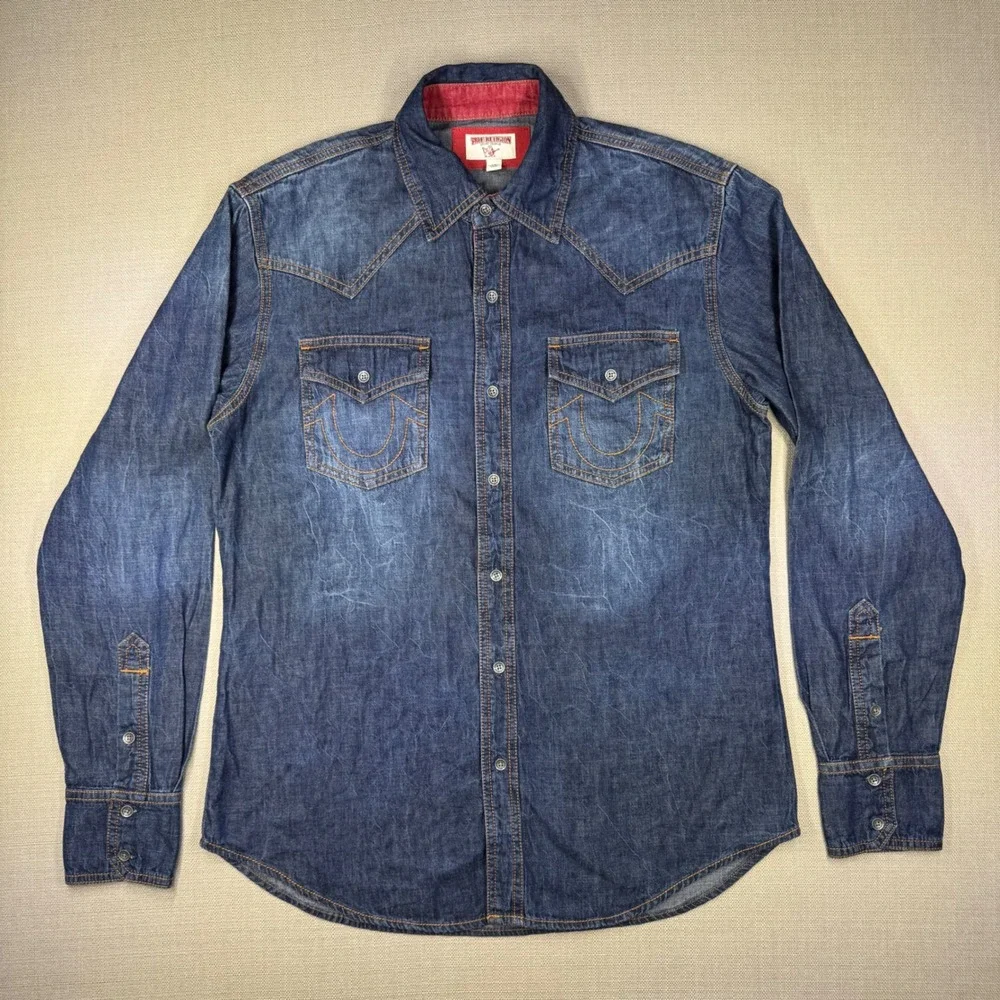 True Religion Mens LS Western Denim Button Down Shirt Blue Red Trim Large